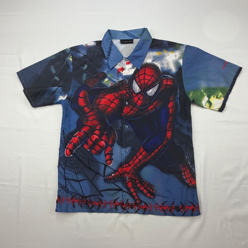 Spider-Man Button Up Shirt Mens Medium Blue All Over Print AOP